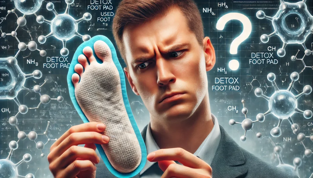 Detox Foot Pads: Do They Really Work? Unveiling the Truth About Foot Cleanse Pads and Toxin Removal 2 A skeptical person examining a used detox foot pad with a puzzled expression, while the background subtly features scientific elements like molecular structures and abstract question marks, highlighting uncertainty about its effectiveness.