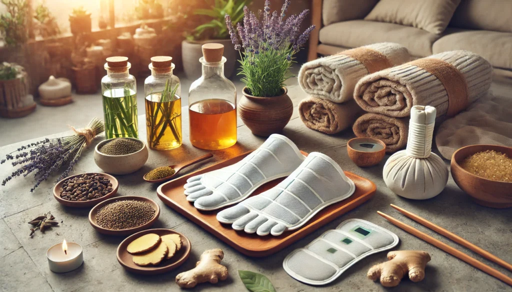 Detox Foot Pads: Do They Really Work? Unveiling the Truth About Foot Cleanse Pads and Toxin Removal 3 A natural wellness setting featuring detox foot pads surrounded by herbal ingredients such as bamboo vinegar, ginger, and lavender, creating a relaxing and organic atmosphere that emphasizes natural detoxification methods.