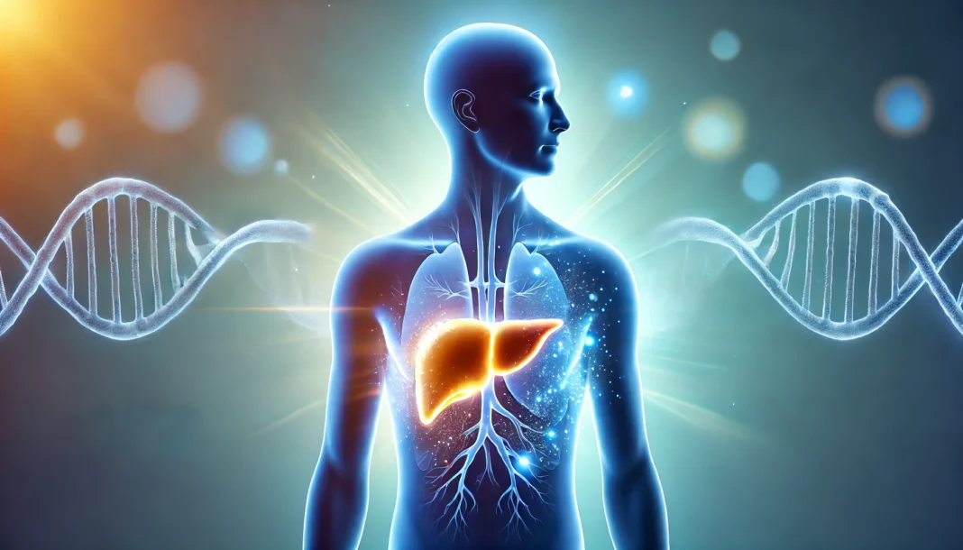 A conceptual representation of alcohol detox, depicting a human silhouette with a glowing liver transitioning from a toxic, dark state to a bright and healthy condition, set against a soothing blue background symbolizing healing and recovery.