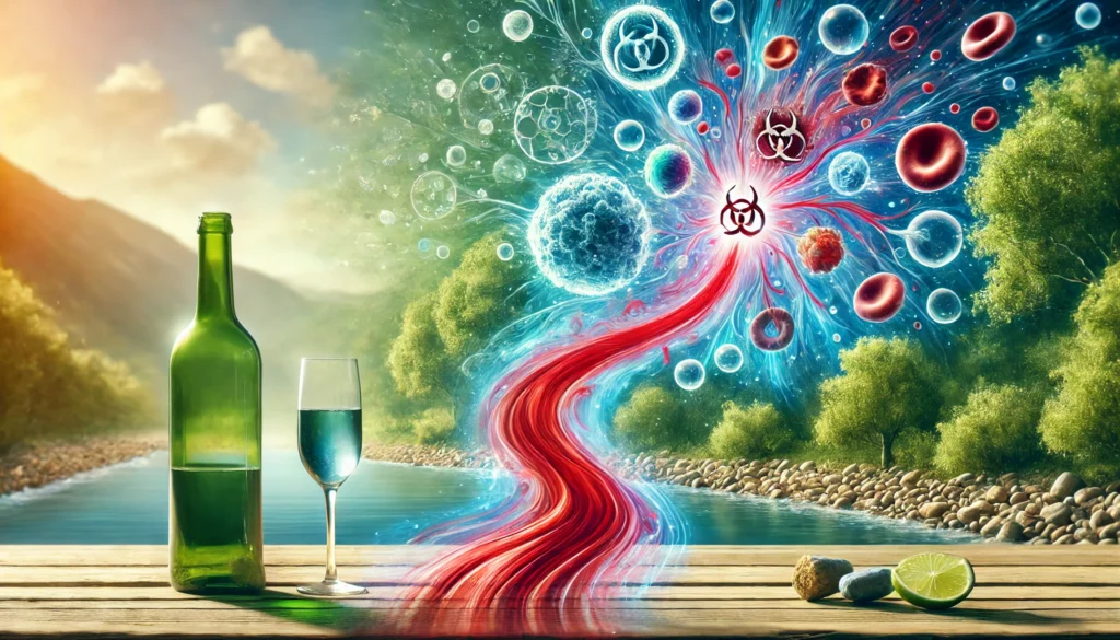 How Long Does It Take to Fully Detox from Alcohol? A Comprehensive Guide to Recovery 1 An artistic visualization of alcohol detox, illustrating a bloodstream where toxins gradually fade away, replaced by clean, vibrant cells, set against a serene and natural background symbolizing purification and renewal