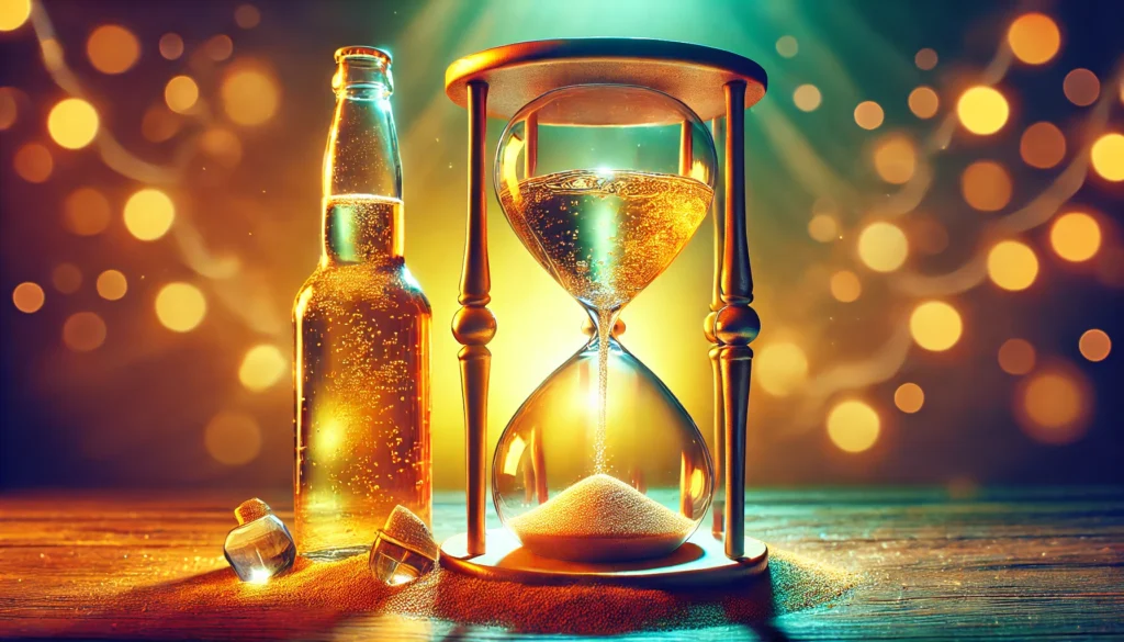 How Long Does It Take to Fully Detox from Alcohol? A Comprehensive Guide to Recovery 2 A metaphorical depiction of alcohol detox, showing an hourglass where golden liquid at the top slowly transforms into clear water as it flows through, symbolizing the passage of time and recovery against a warm, calming background