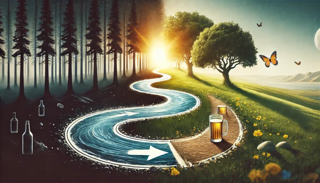 How Long Does It Take to Fully Detox from Alcohol? A Comprehensive Guide to Recovery 3 A symbolic representation of alcohol detox, illustrating a winding path that begins in a dark forest and gradually transitions into a bright, open landscape, symbolizing transformation, healing, and the progressive nature of recovery