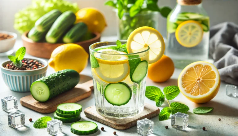 A refreshing glass of detox water infused with lemon, cucumber, and mint, surrounded by fresh ingredients on a bright surface with natural lighting, symbolizing hydration and wellness
