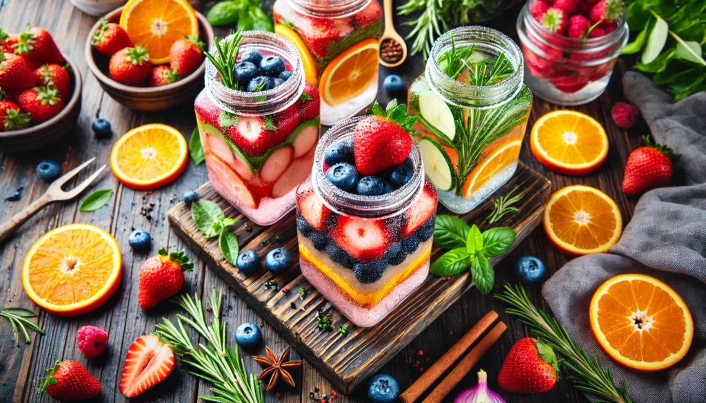 The Benefits of Detox Water: How Hydration Supports Wellness and Cleansing 1 A top-down view of multiple detox water jars infused with fruits and herbs, including strawberries, oranges, blueberries, and rosemary, arranged on a wooden table with fresh ingredients, symbolizing natural health benefits