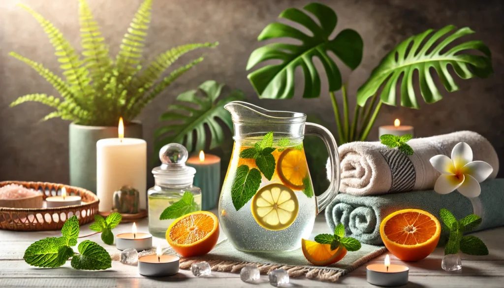 The Benefits of Detox Water: How Hydration Supports Wellness and Cleansing 2 A serene wellness scene featuring a pitcher of detox water infused with citrus fruits and mint, placed in a spa-like setting with soft towels, candles, and green plants, evoking relaxation and rejuvenation