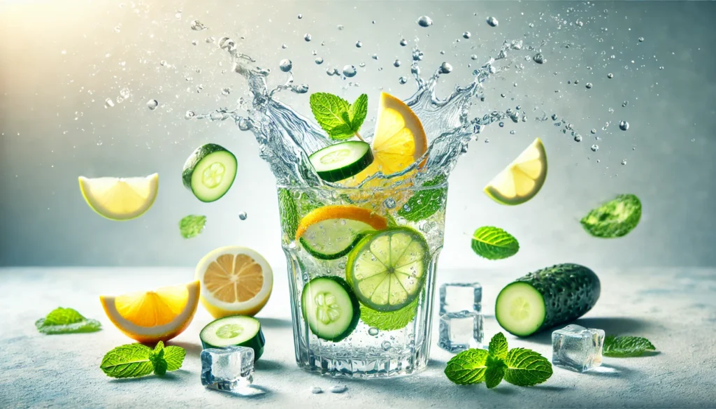 The Benefits of Detox Water: How Hydration Supports Wellness and Cleansing 3 A dynamic and refreshing splash of detox water with floating slices of lemon, lime, cucumber, and mint leaves in a crystal-clear glass, set against a bright and airy background emphasizing hydration and vitality