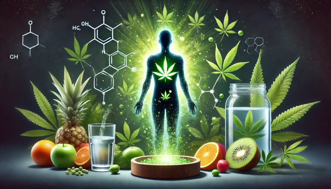 A conceptual illustration of the THC detox process, showing a human silhouette with glowing green cannabis molecules dissipating from the body, surrounded by water, fresh fruits, and green leaves, symbolizing cleansing and purification