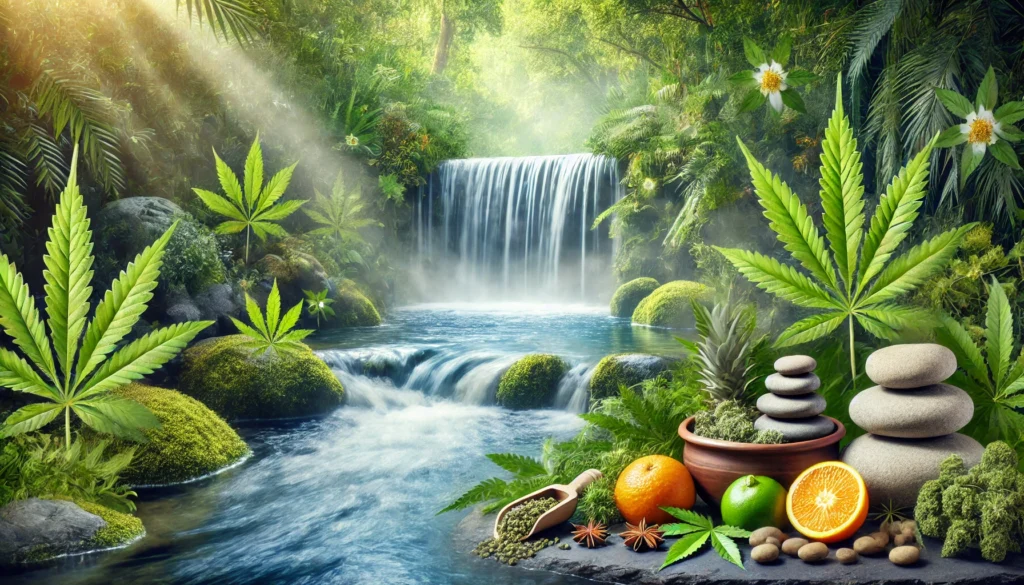 How Long Does It Take to Detox from THC? A Science-Backed Guide to Cleansing Your System Naturally 1 A serene nature-inspired scene representing THC detoxification, featuring a tranquil waterfall flowing into a crystal-clear pool, surrounded by lush green plants, fresh citrus fruits, and herbal detox elements, symbolizing purification and renewal
