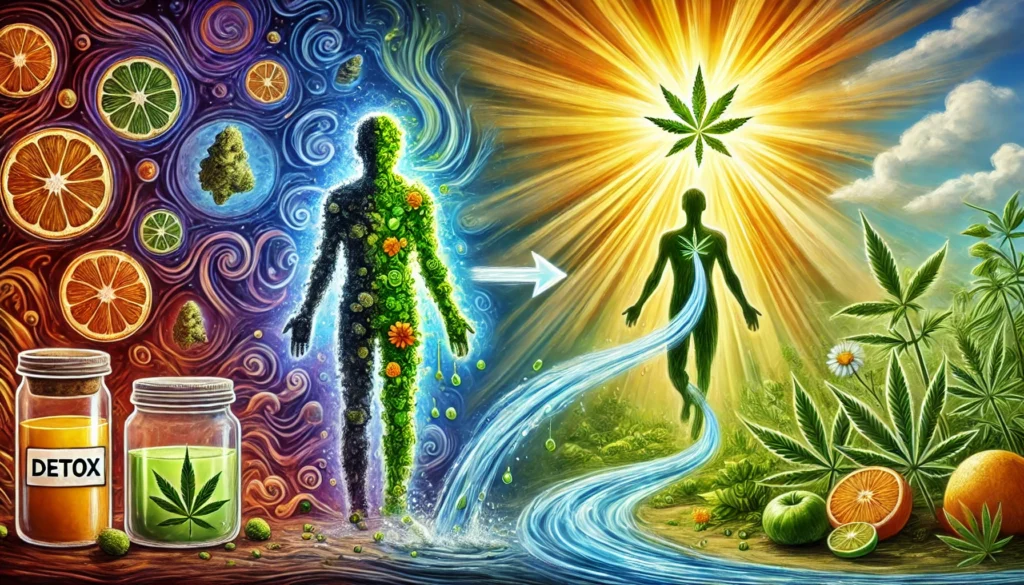 How Long Does It Take to Detox from THC? A Science-Backed Guide to Cleansing Your System Naturally 3 An artistic representation of the human body cleansing from THC, showing a person transitioning from a shadowy, toxin-filled form to a vibrant, healthy figure, with natural detox elements such as flowing water, green plants, and sunlight symbolizing renewal and healing