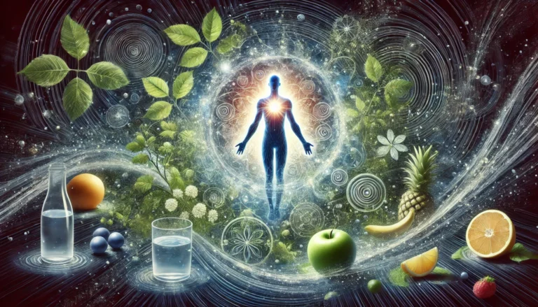 A conceptual representation of detoxification, depicting a human figure surrounded by swirling energy patterns, water, green leaves, and fruits, symbolizing the cleansing process and revitalization