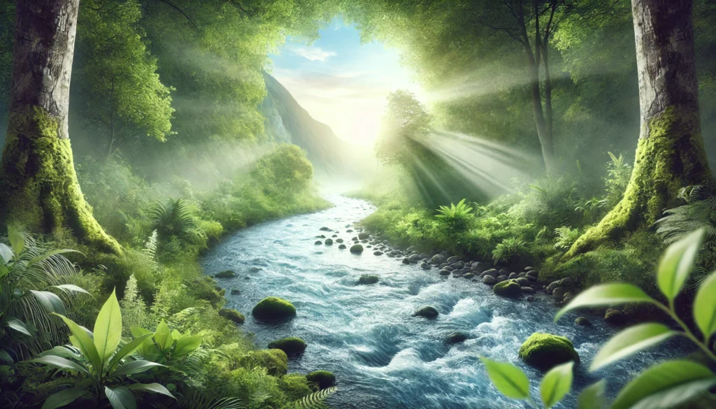 How Long Does It Take to Detox? Understanding the Body’s Natural Cleansing Process 1 A serene landscape featuring a flowing river surrounded by lush greenery, representing the body's natural detox process. Crystal-clear water and sunlight streaming through the trees create a tranquil and healing atmosphere