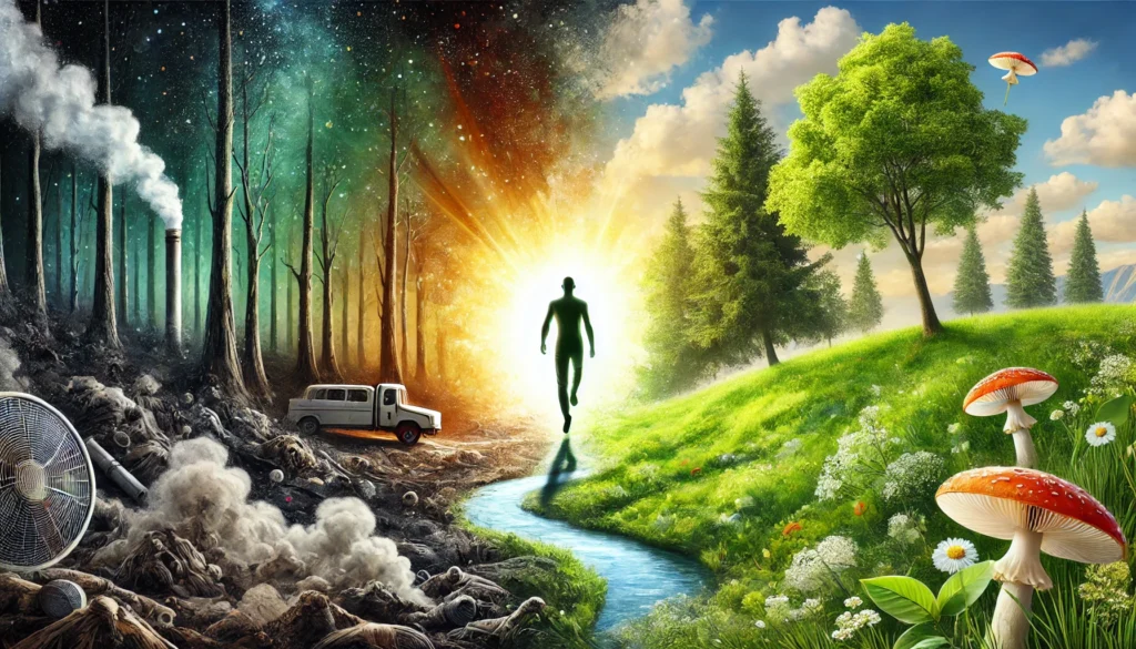 How Long Does It Take to Detox? Understanding the Body’s Natural Cleansing Process 3 An artistic depiction of detoxification, showing a person stepping out of a dark, toxin-filled environment into a fresh, green landscape with clear skies, symbolizing the journey to renewal and healing