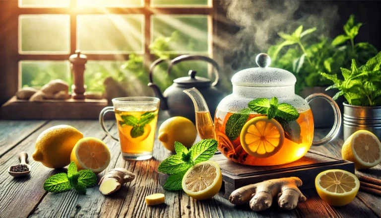 Refreshing detox tea with lemon slices, ginger, and mint on a rustic wooden table, bathed in natural sunlight, symbolizing vitality, weight loss, and wellness.