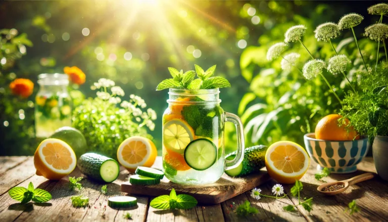 Refreshing detox drink with lemon, mint, and cucumber in a glass jar on a rustic wooden table surrounded by natural greenery, symbolizing health and revitalization