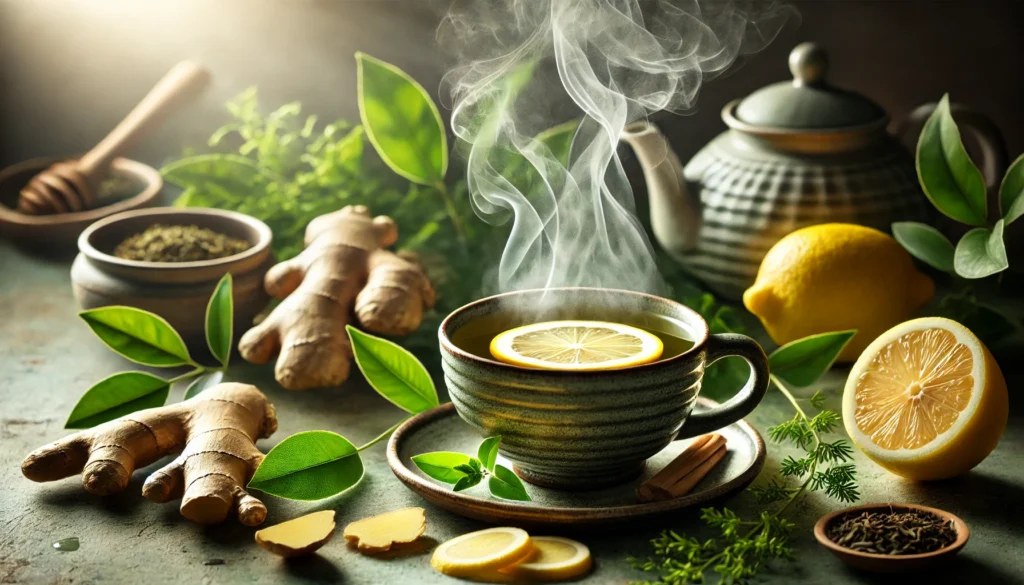 Bella Natural Extreme Detox Reviews: Does This Cleanse Really Boost Your Health? 1 Detoxifying green tea with steam rising from a ceramic cup, surrounded by fresh ginger, lemon slices, and herbs in a serene spa-like setting, reflecting relaxation and cleansing