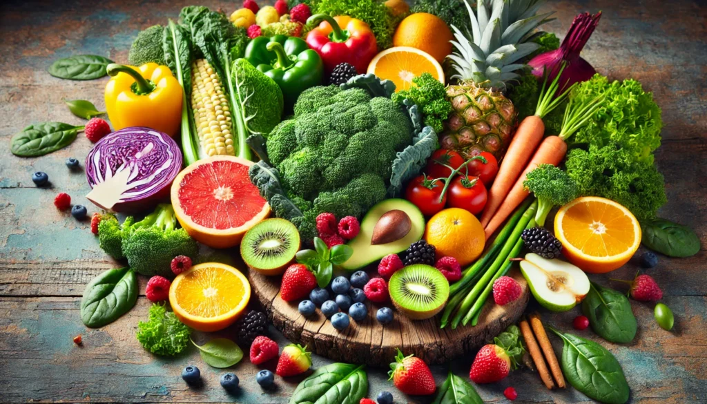 Bella Natural Extreme Detox Reviews: Does This Cleanse Really Boost Your Health? 2 Colorful assortment of fresh vegetables and fruits, including kale, spinach, berries, and citrus, arranged on a wooden board, emphasizing vitality and natural detoxification