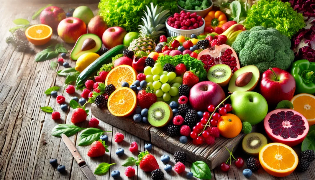 Colorful assortment of antioxidant-rich fruits and vegetables, including berries, leafy greens, and citrus, arranged on a rustic wooden table, symbolizing natural detoxification and wellness