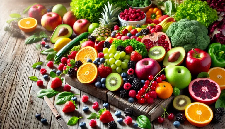 Colorful assortment of antioxidant-rich fruits and vegetables, including berries, leafy greens, and citrus, arranged on a rustic wooden table, symbolizing natural detoxification and wellness
