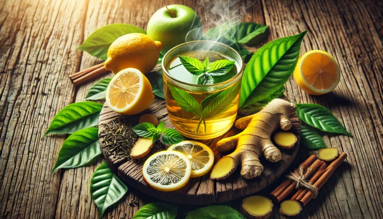 Natural detox and weight management with green tea leaves, sliced lemons, ginger roots, and a steaming glass of green tea on a rustic wooden table