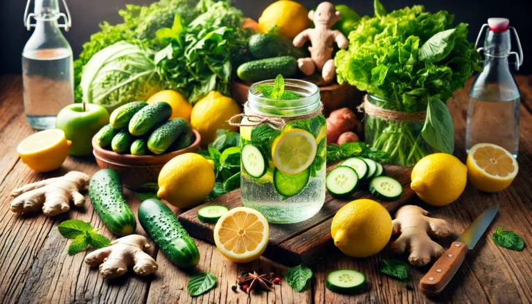 Fresh detoxifying fruits and vegetables including lemons, cucumbers, ginger, and leafy greens on a rustic wooden table with a glass jar of infused lemon-mint water, symbolizing natural body detox and wellness