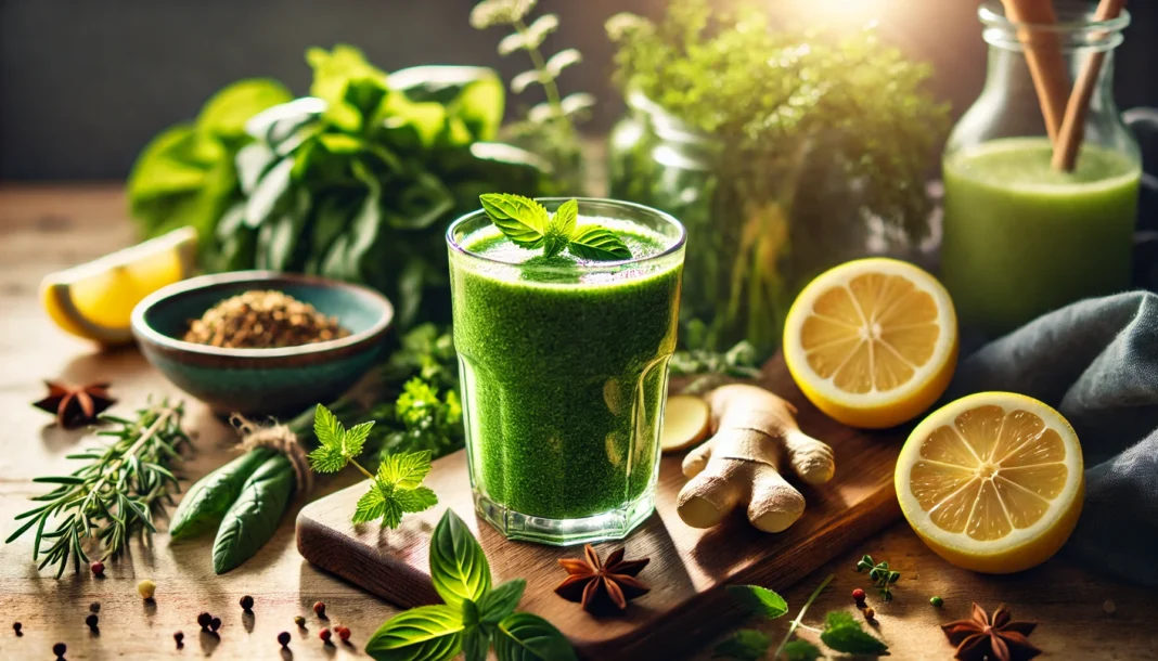 Green detox smoothie with leafy greens, lemon slices, and ginger root on a wooden table, illuminated by soft sunlight for a natural and healthy ambiance.
