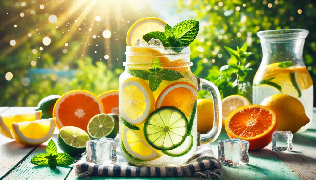 Best Detox Drink for THC: Top Solutions for a Natural and Effective Cleanse 1 Citrus detox drink with lemon, lime, and orange slices floating in a glass jar with ice cubes and mint leaves, set against a bright outdoor background