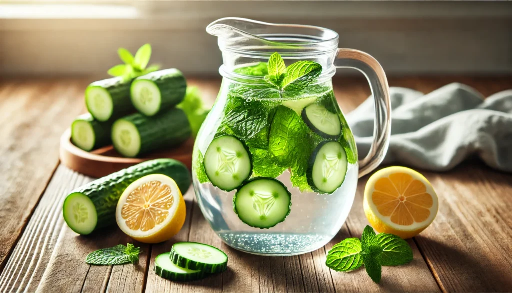 Best Detox Drink for THC: Top Solutions for a Natural and Effective Cleanse 2 Detox water infused with cucumber slices, fresh mint leaves, and lemon wedges in a transparent pitcher on a wooden surface with natural light highlighting freshness