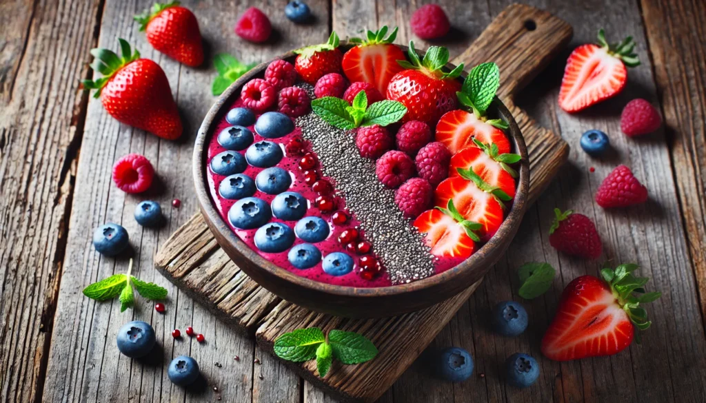 Best Detox Drink for THC: Top Solutions for a Natural and Effective Cleanse 3 Berry detox smoothie bowl with strawberries, blueberries, raspberries, chia seeds, and mint leaves arranged beautifully on a rustic wooden table, vibrant and health-focused