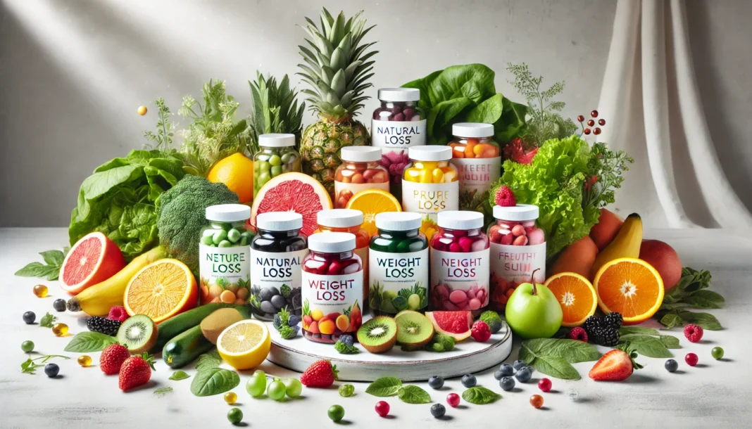 Colorful display of natural weight loss supplements for women surrounded by fresh fruits like berries, citrus, and leafy greens on a clean, white background, promoting a healthy lifestyle