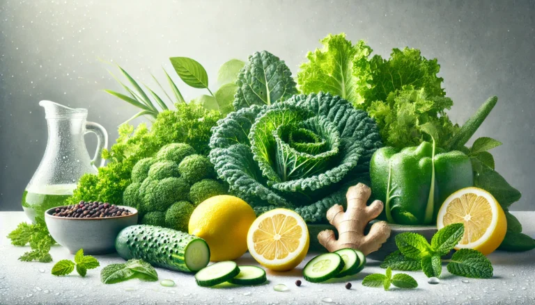 Fresh green vegetables, fruits, and herbs including kale, lemon, cucumber, ginger, and mint arranged on a white background with water droplets, symbolizing natural detox and body cleansing