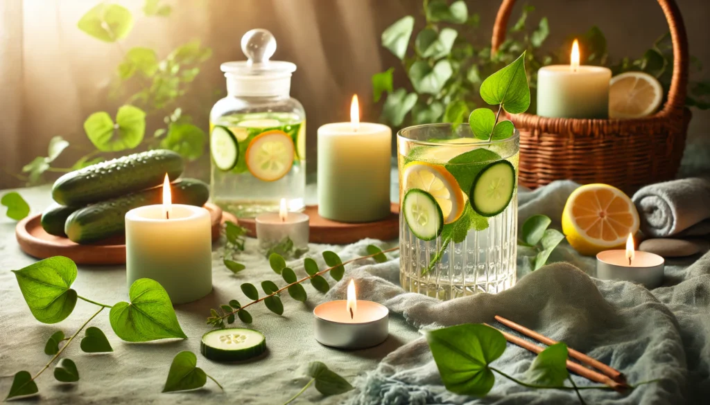 Best Complete Body Cleanse: How to Support Detoxification for Optimal Health 1 Spa-like setting with aromatic candles, detox water infused with cucumber and lemon slices, and soft green leaves, evoking a calm and cleansing wellness atmosphere