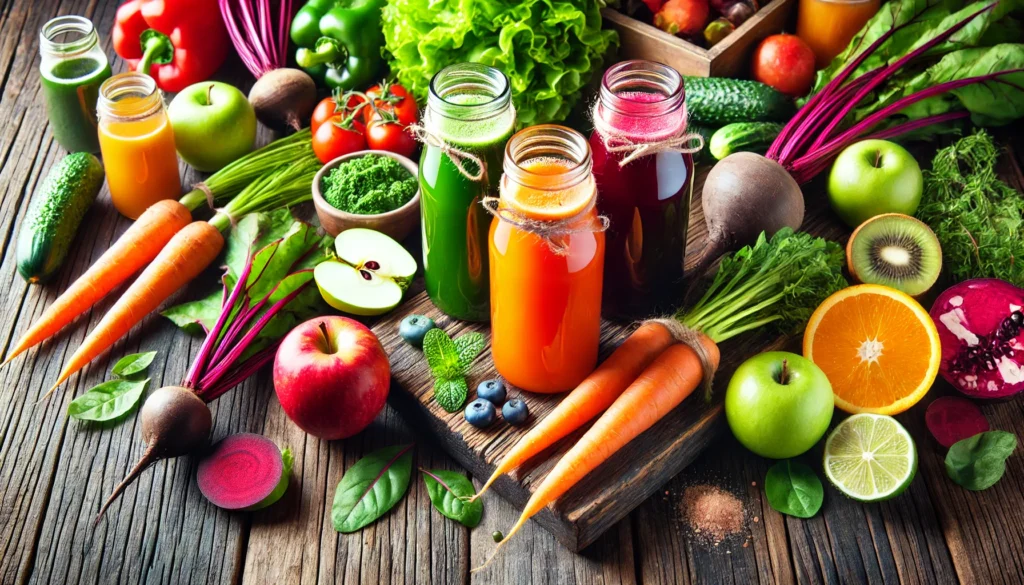 Best Complete Body Cleanse: How to Support Detoxification for Optimal Health 2 Colorful detox juices in glass bottles with fresh fruits and vegetables like carrots, beets, apples, and leafy greens on a rustic wooden table, representing vitality and health