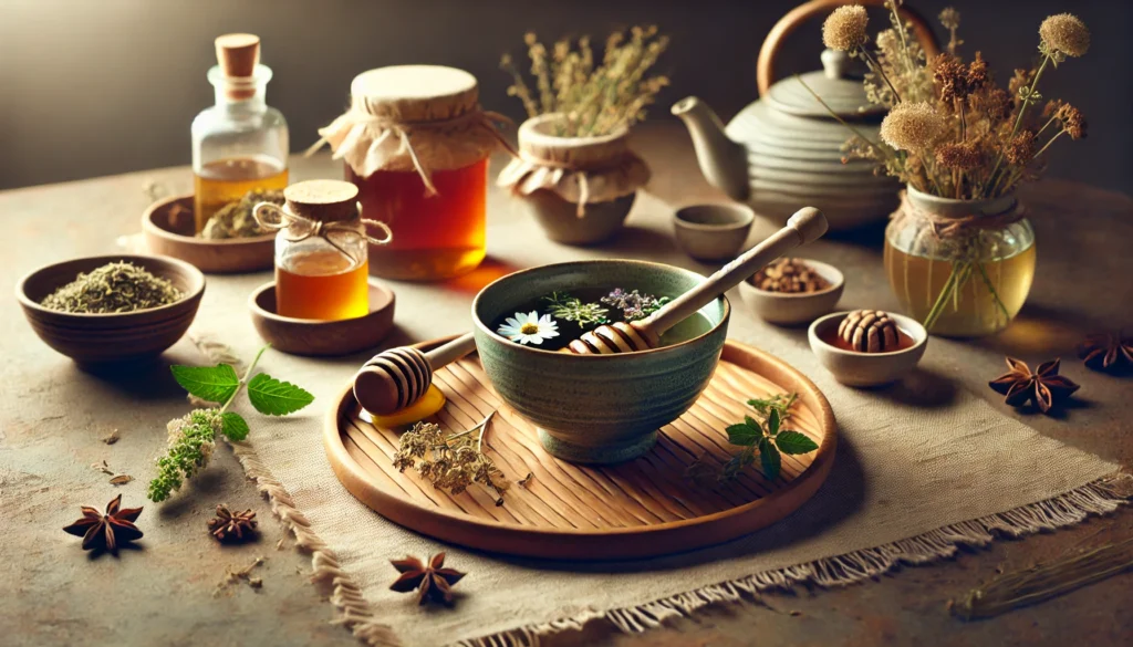 Best Complete Body Cleanse: How to Support Detoxification for Optimal Health 3 A bowl of detoxifying herbal tea surrounded by dried herbs, flowers, and a wooden honey dipper on a bamboo mat, conveying calmness, purification, and holistic health