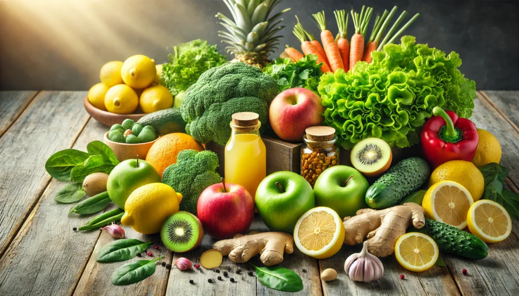 Assorted natural detoxifying fruits and vegetables, including lemons, ginger, leafy greens, and apples, beautifully arranged on a rustic wooden surface, symbolizing freshness and gut health