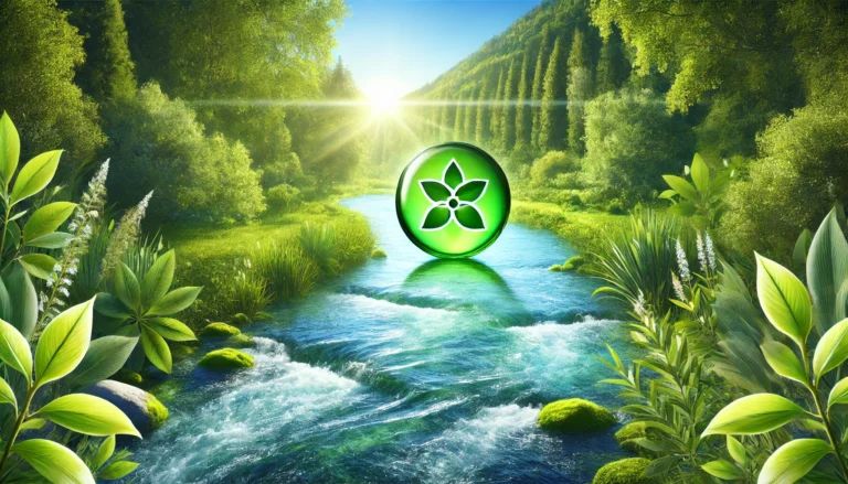 Serene landscape with a flowing river surrounded by lush green vegetation, symbolizing natural detoxification and purity