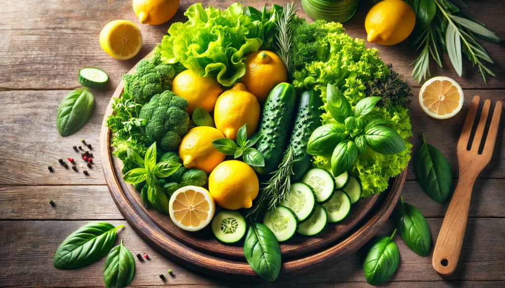 Clean Shot Detox: How This Powerful Formula Supports Your Body’s Natural Detoxification 2 Vibrant arrangement of lemons, cucumbers, leafy greens, and herbs on a wooden surface, symbolizing detoxification and vitality