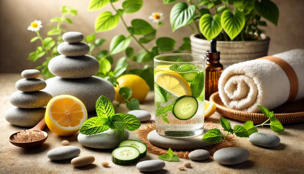 Clean Shot Detox: How This Powerful Formula Supports Your Body’s Natural Detoxification 3 Peaceful spa scene with a glass of infused detox water containing lemon slices, cucumber, and mint leaves, evoking cleansing and well-being