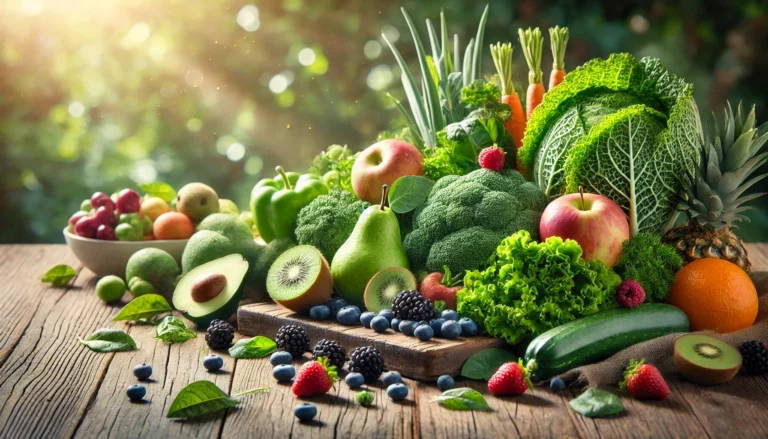 Fresh fruits and vegetables on a rustic wooden table outdoors, including leafy greens, apples, and berries, symbolizing natural gut cleansing and detoxification.