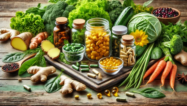 Assorted herbal supplements with ginger, turmeric, and leafy greens on a rustic wooden table, symbolizing debloat supplements for gut health and detoxification