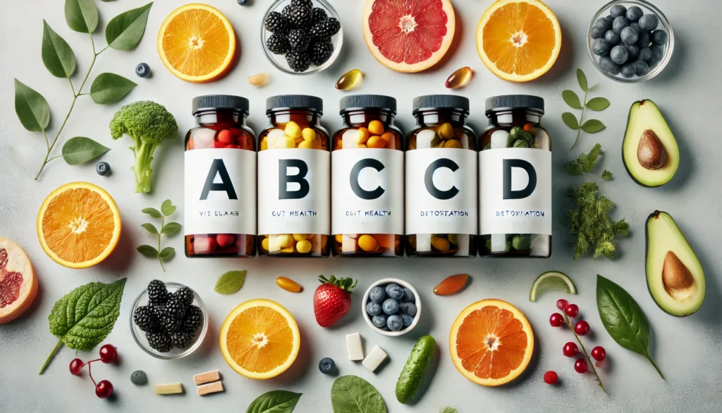 Debloat Supplements vs. Debloat Vitamins: Which Works Best for Gut Health and Detoxification? 1 Minimalist arrangement of vitamin bottles surrounded by colorful fruits and leafy greens, representing debloat vitamins for gut health and detoxification