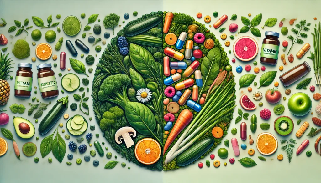 Debloat Supplements vs. Debloat Vitamins: Which Works Best for Gut Health and Detoxification? 2 Comparative visual showing herbal supplements with leafy greens on one side and colorful vitamin capsules with fresh fruits on the other, highlighting the contrast between debloat supplements and vitamins