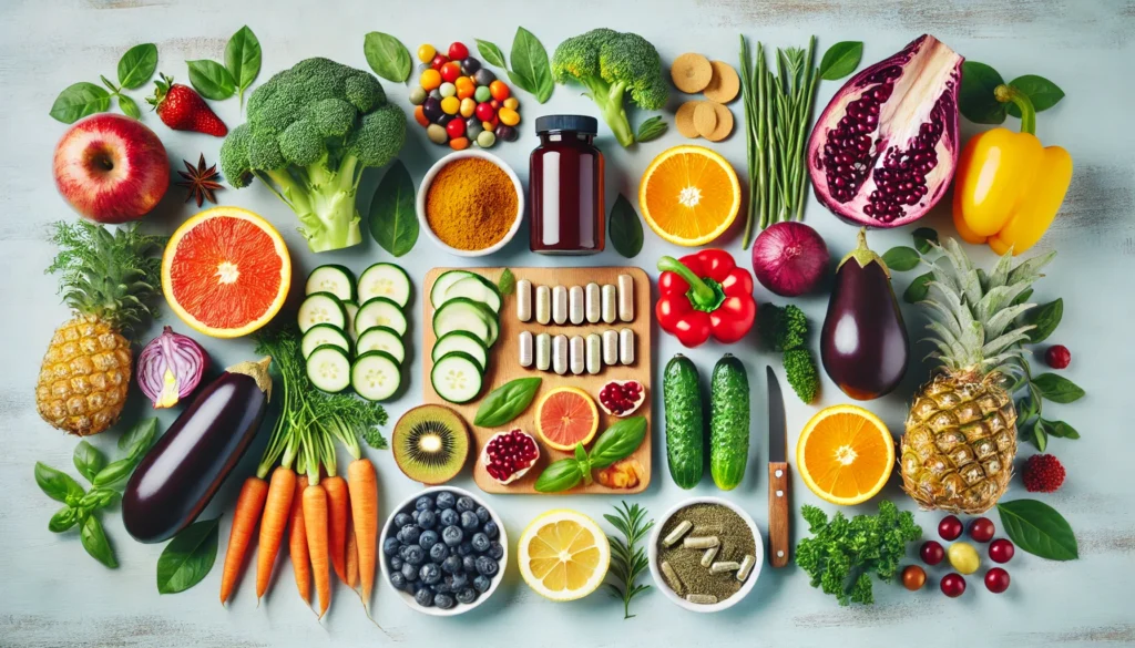 Debloat Supplements vs. Debloat Vitamins: Which Works Best for Gut Health and Detoxification? 3 Balanced flat lay of herbal supplements and vitamin capsules with fresh vegetables, fruits, and detoxifying herbs, symbolizing holistic gut health and detoxification