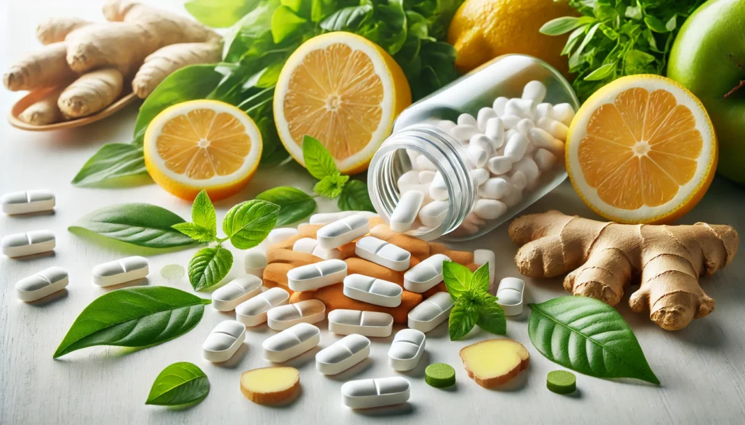 Detox diet pills spilling out of a bottle surrounded by fresh green leaves, lemon slices, and ginger root, symbolizing natural detox ingredients for weight loss and wellness.
