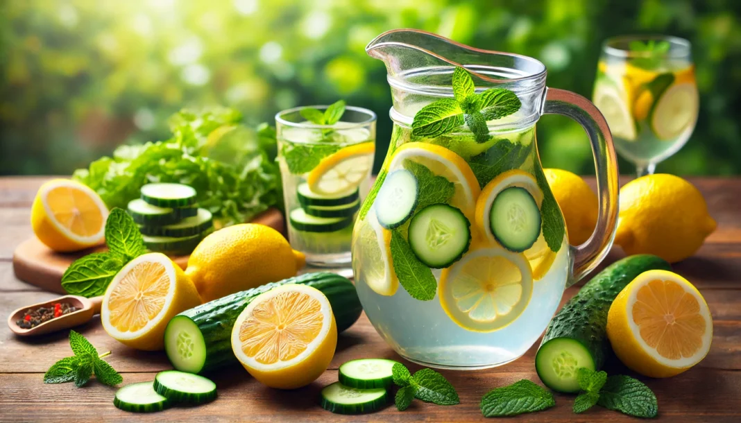 Refreshing detox drink with lemon, cucumber, and mint leaves in a clear glass pitcher on a wooden table with a green garden background, symbolizing natural cleansing and revitalization