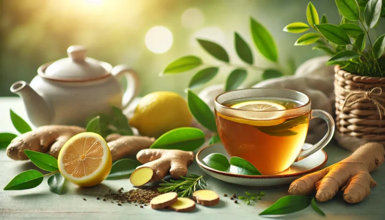 Cup of steaming detox herbal tea surrounded by fresh green leaves, ginger, and lemon slices, symbolizing natural wellness and weight loss