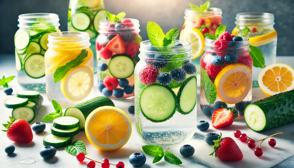 Detox Packs: How to Choose the Best Detoxification Pack for Optimal Health and Wellness 1 Detox water jars infused with cucumber, lemon, berries, and mint leaves on a white marble countertop, representing hydration and rejuvenation