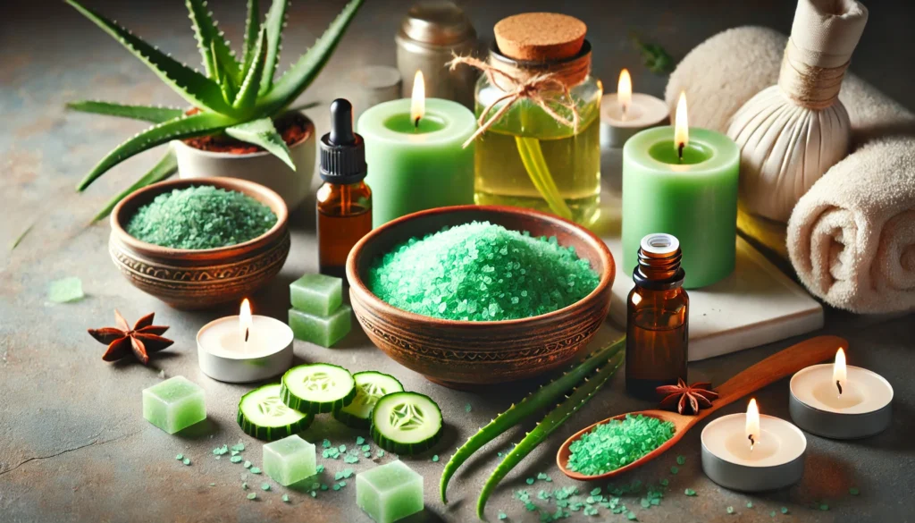 Detox Packs: How to Choose the Best Detoxification Pack for Optimal Health and Wellness 2 Spa-like setting with detoxifying herbal bath salts, essential oils, and green tea candles alongside sliced cucumbers and aloe vera, emphasizing holistic detox and relaxation