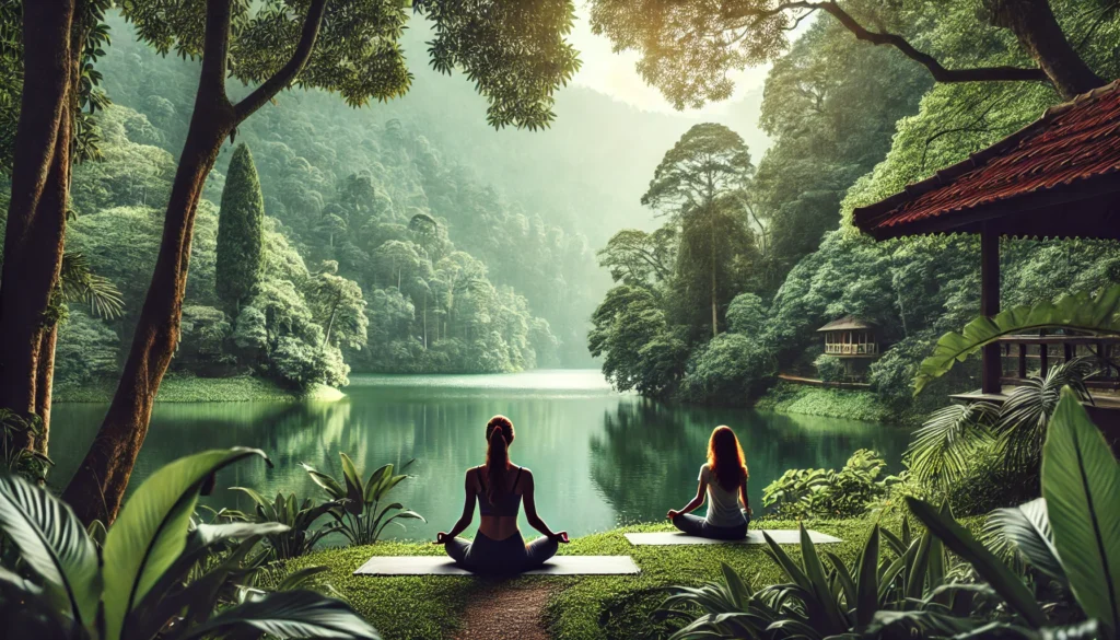 Detox Packs: How to Choose the Best Detoxification Pack for Optimal Health and Wellness 3 Woman practicing meditation by a serene lake surrounded by lush greenery, depicting mental detox and holistic wellness through mindfulness and nature connection