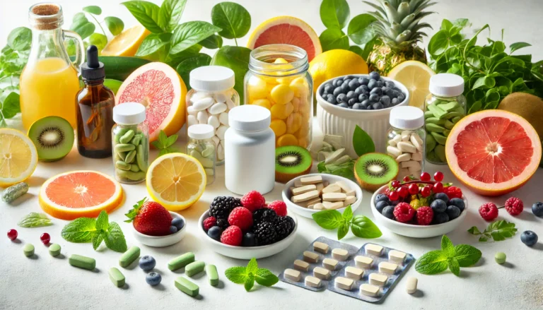 Natural detox supplements and cleansing pills surrounded by fresh lemons, berries, and green leafy herbs on a white background, symbolizing health and vitality