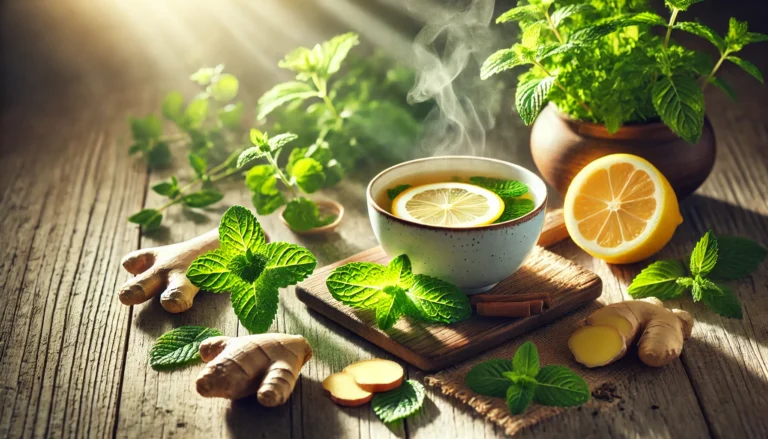 Serene cup of herbal detox tea surrounded by fresh mint, ginger, and lemon slices on a wooden table with natural sunlight, symbolizing health and wellness